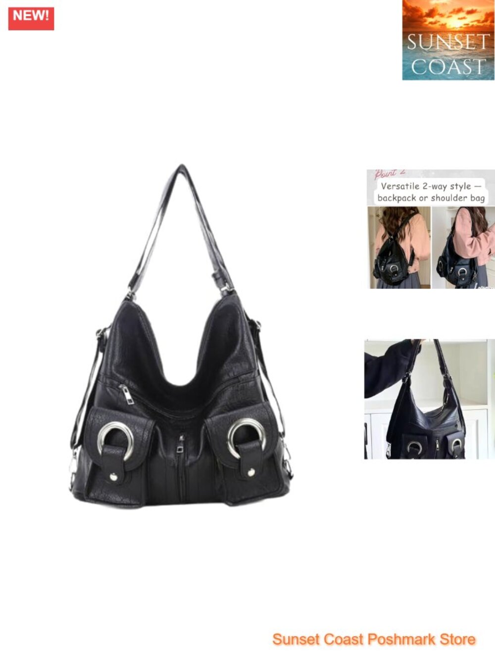 Hobo Shoulder Bag PU Leather Slouchy 2-Way Backpack Everyday Purse